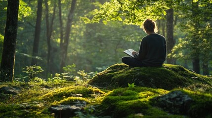Woman sitting on a mossy rock in a forest, writing in a notebook.
