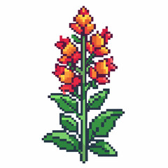Vibrant Pixel Art Floral Illustration of Orange and Red Flower with Green Leaves