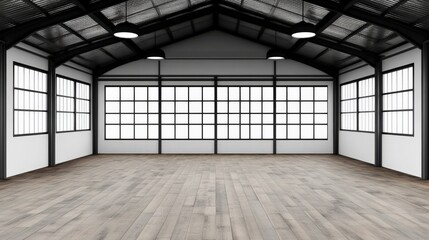 A large empty warehouse with a lot of windows