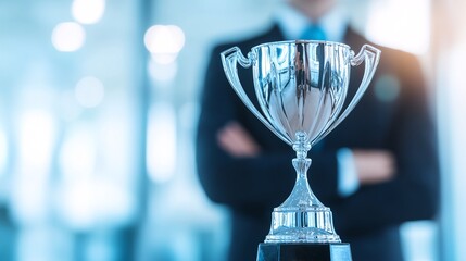 triumphant moment with silver championship cup, corporate success story, detailed metallic trophy design, professional business setting, atmospheric lighting, suited figure, premium quality