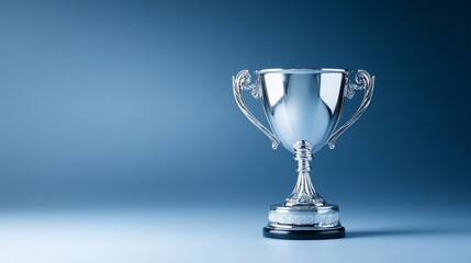 prestigious award trophy raised in victory, refined business portrait, polished silver cup with decorative handles, ethereal backlight glow, professional environment, high-end corporate photography,