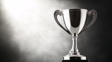 Fototapeta premium prestigious award trophy raised in victory, refined business portrait, polished silver cup with decorative handles, ethereal backlight glow, professional environment, high-end corporate photography,