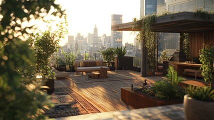 Obraz premium A rooftop terrace with a scenic backdrop, offering spaces for leisure and fun. Seating areas and greenery provide a refreshing environment.