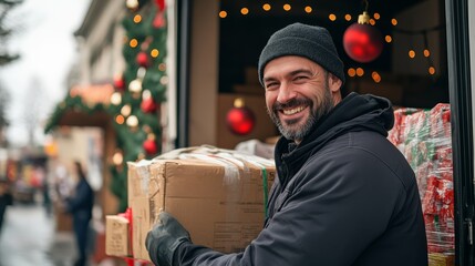 Giving_Tuesday_Day, Friendly Male Delivery Driver With Holiday Packages
