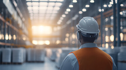 Standing in a bright, busy warehouse, the manager, equipped with a headset, is seen overseeing the logistics process with a keen eye. His headset allows for quick real-time communication as workers