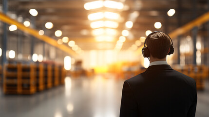 Standing in a bright, busy warehouse, the manager, equipped with a headset, is seen overseeing the logistics process with a keen eye. His headset allows for quick real-time communication as workers