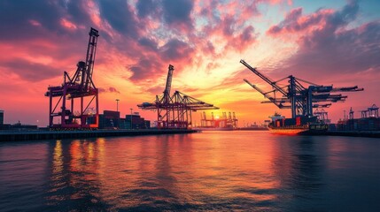 Fototapeta premium A modern harbor scene at dawn, cranes lifting containers against a backdrop of a colorful sunrise, reflecting the growth and prosperity of international commerce
