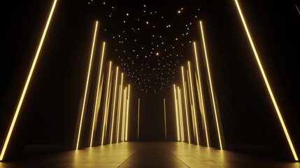 majestic gold ray formation, luxury stage lighting, ascending light columns, dispersed star effects, rich black backdrop, professional event setting, high-end 3d environment, dramatic perspective