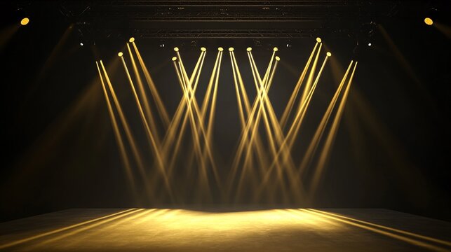 majestic gold ray formation, luxury stage lighting, ascending light columns, dispersed star effects, rich black backdrop, professional event setting, high-end 3d environment, dramatic perspective