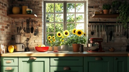 A sunny kitchen with a rustic touch: green cabinets, sunflowers, and a red lemon bowl. A window opens to a brick wall, with a mixer and hanging tools in view.