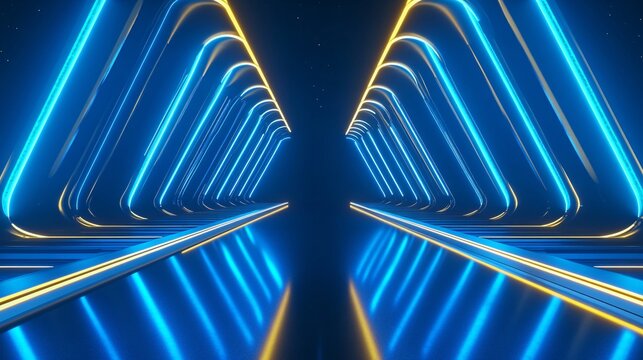 futuristic blue runway perspective, golden light streaks, starry night backdrop, luxury stage design, glowing neon lines, premium 3d environment, cinematic lighting, high-end render