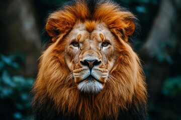 Fototapeta premium A Close-Up Portrait of a Majestic Lion with a Golden Mane