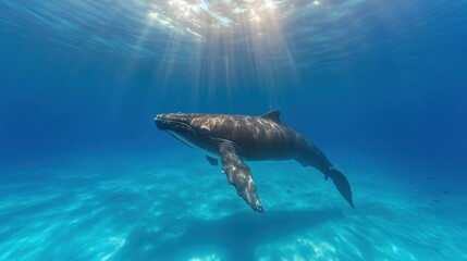Fototapeta premium Humpback whale swimming gracefully in clear blue ocean waters.