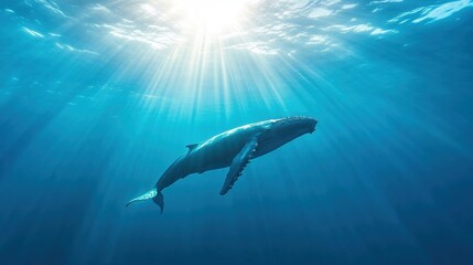 Naklejka premium Humpback whale swimming gracefully in deep blue ocean waters with sunlight filtering.