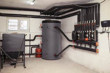 Solid Fuel Boiler for Pellets in Boiler Room. Boiler Heat System Equipment.