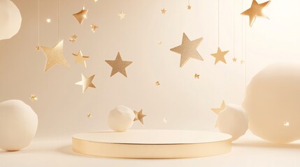 sophisticated golden podium design, floating geometric star arrangement, cream and gold color palette, dramatic spotlights, celestial award theme, premium render quality, atmospheric particles