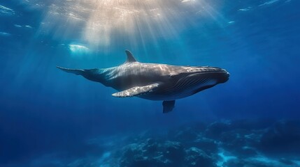 Fototapeta premium Majestic whale swimming gracefully in crystal clear ocean water.