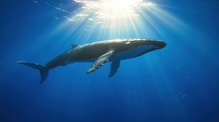 Majestic whale swimming gracefully in deep blue ocean with sunlight filtering through.