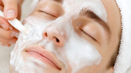 Man receiving facial treatment with soothing cream, white background.