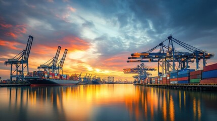 Fototapeta premium A modern harbor scene at sunrise, cranes and containers against a backdrop of a colorful morning sky, reflecting the vitality and expansion of international commerce
