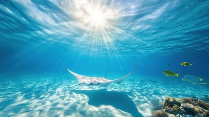 Obraz premium Manta ray gliding gracefully in clear blue ocean waters under sunlight.