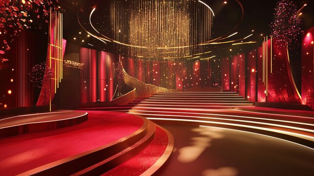 prestigious ceremony platform, multi-level staircase design, deep red and gold color scheme, dramatic overhead lighting, floating light sparkles, premium event stage atmosphere