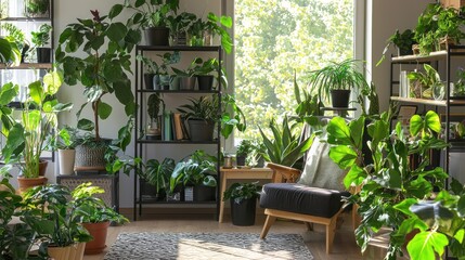 Fototapeta premium A stylish living room with houseplants in every corner, adding vibrant greens to the modern decor.