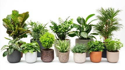 A variety of indoor plants, each in their own decorative pot, isolated on a white background for catalog display.