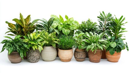 Fototapeta premium A variety of indoor plants, each in their own decorative pot, isolated on a white background for catalog display.
