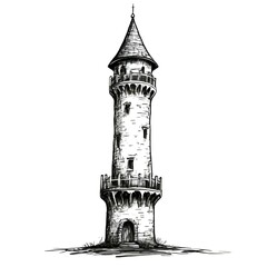 Obraz premium A detailed drawing of a castle featuring a prominent tower against a clear sky.