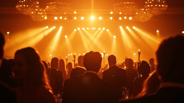 luxurious awards dinner venue, dramatic stage lighting design, radiant overhead light pattern, dreamy bokeh background, sophisticated crowd silhouettes, ambient candlelight