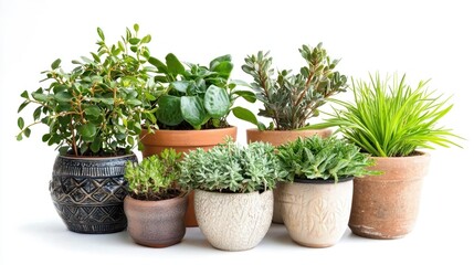 Fototapeta premium Several indoor plants in decorative pots arranged on a white background, highlighting their unique shapes and foliage.