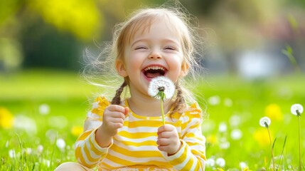 Obraz premium Happy Little Girl Blowing Dandelion Seeds in Spring Meadow