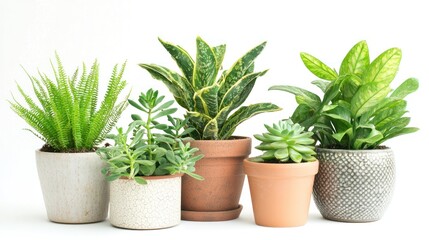 Several indoor plants in decorative pots arranged on a white background, highlighting their unique shapes and foliage.