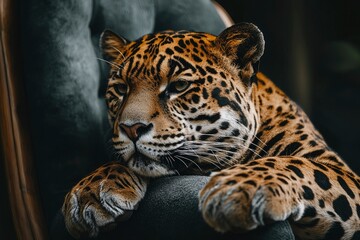 Obraz premium Close-up portrait of a jaguar resting on a dark armchair.