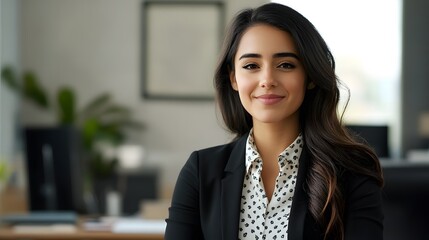 Fototapeta premium Portrait of woman near workplace and looking at camera. 
