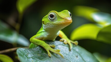 Obraz premium A vibrant green lizard perched on a leaf in a lush environment.