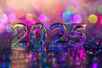 Obraz premium 2025 sign banner. Neon colors. Blurred bokeh background with colorful lights. New Year festive celebration card invitation design.