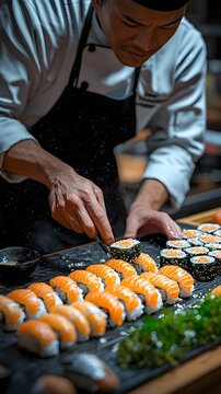 A focused Asian male chef meticulously garnishing freshly prepared sushi rolls in a professional kitchen, showcasing culinary artistry and attention to detail.