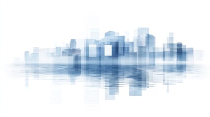  Minimalistic digital city skyline made of geometric squares with blue skyscrapers and reflections in water, set against a white background, symbolizing modern urban design and corporate architecture.