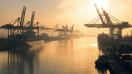 Obraz premium A modern harbor with cranes and ships, the early morning sun casting long shadows over the water and containers, symbolizing the continuous rise of global trade