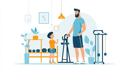 Fototapeta premium Father and Child Exercising at Home Gym Together