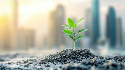 Green plant sprouting from soil with a modern city skyline in the background, symbolizing sustainability and hope. Sunlight shines over the scene, emphasizing ecological recovery, rebuilding