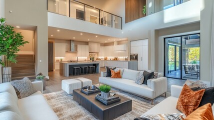 Spacious and luxurious living room with modern design and high ceilings. Features a connected kitchen, a cozy loft, and an inviting entryway
