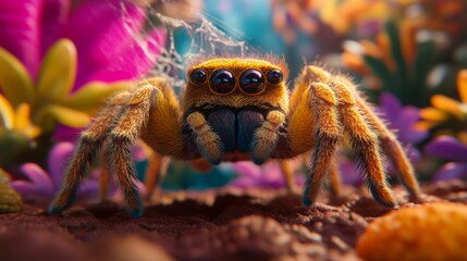 A close-up of a colorful jumping spider with large eyes, perched on a flower petal.