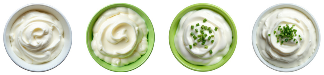 Set of sour cream with green onion chives isolated on transparent background. Sour cream top view PNG.