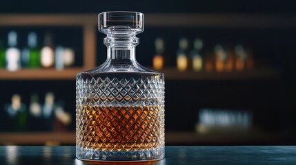 Obraz premium A beautifully crafted glass decanter filled with rich amber whiskey, perfect for elegant home bar displays or as a gift.