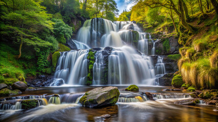 Obraz premium waterfall, water, nature, river, stream, forest, landscape, cascade, falls, fall, rock, green, park, flowing, stone, spring, creek, beauty, tree, flow, beautiful, mountain, autumn, fresh, wet