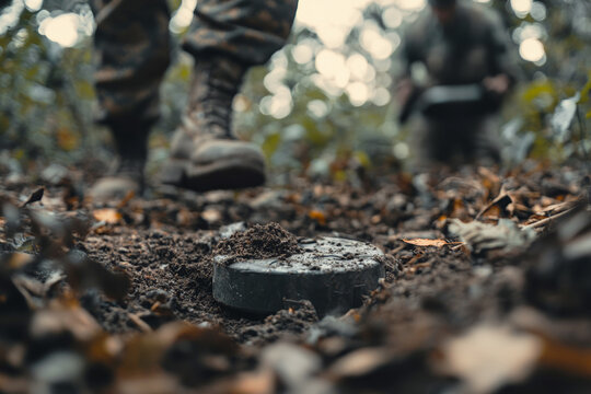 Soldier walking near a landmine in a forest
