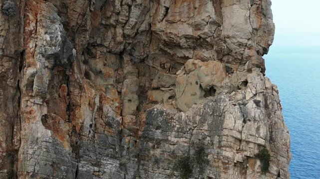 Parallax drone shot of wild goats climbing on tall rock in Sardinia, Italy.